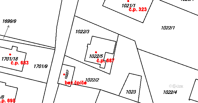 Suchdol nad Lužnicí 687 na parcele st. 1022/5 v KÚ Suchdol nad Lužnicí, Katastrální mapa