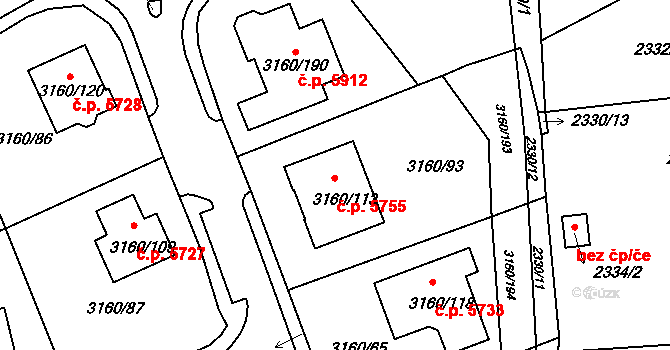 Chomutov 5755 na parcele st. 3160/113 v KÚ Chomutov II, Katastrální mapa