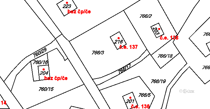 Dolní Bušínov 137, Zábřeh na parcele st. 216 v KÚ Dolní Bušínov, Katastrální mapa
