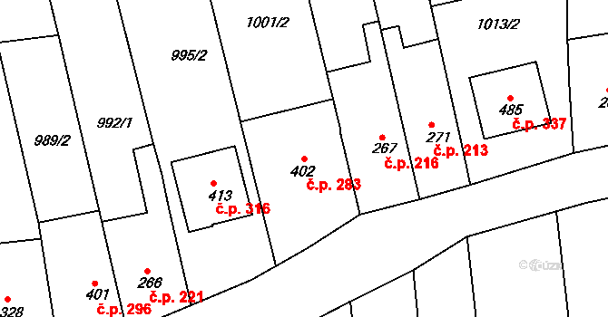 Tečovice 283 na parcele st. 402 v KÚ Tečovice, Katastrální mapa