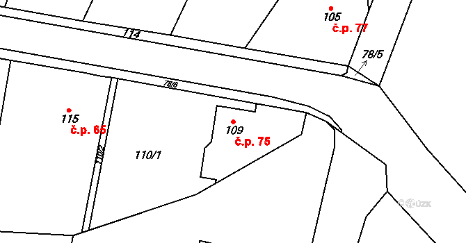 Velíková 75, Zlín na parcele st. 109 v KÚ Velíková, Katastrální mapa