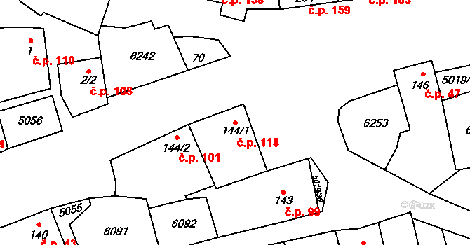 Popovice 118 na parcele st. 144/1 v KÚ Popovice u Uherského Hradiště, Katastrální mapa