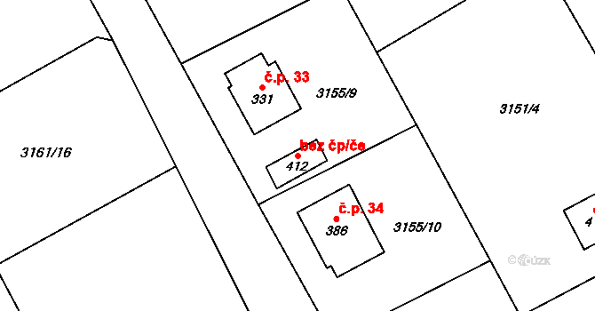 Týnec nad Sázavou 49672304 na parcele st. 412 v KÚ Podělusy, Katastrální mapa