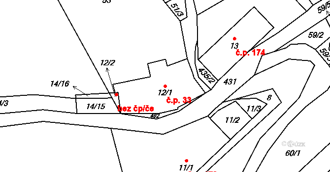 Karlštejn 33 na parcele st. 12/1 v KÚ Budňany, Katastrální mapa
