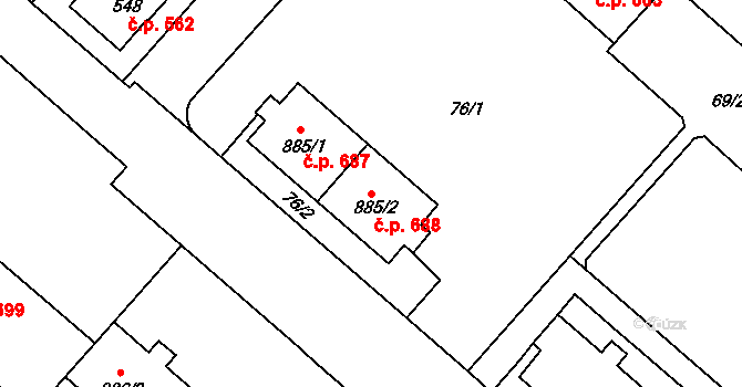 Neratovice 688 na parcele st. 885/2 v KÚ Neratovice, Katastrální mapa