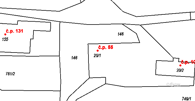 Rokytník 55, Hronov na parcele st. 20/1 v KÚ Rokytník, Katastrální mapa