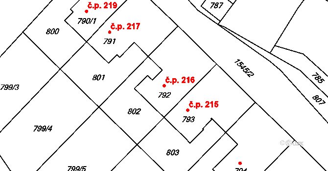Sobotín 216 na parcele st. 792 v KÚ Sobotín, Katastrální mapa