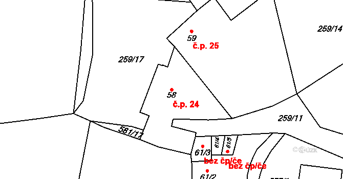 Podruhlí 24, Bělčice na parcele st. 58 v KÚ Podruhlí, Katastrální mapa