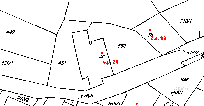 Skelná Huť 28, Krsy na parcele st. 48 v KÚ Trhomné, Katastrální mapa