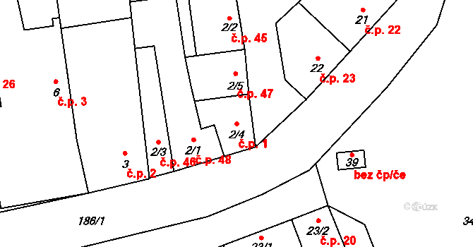 Poličky 1, Doloplazy na parcele st. 2/4 v KÚ Poličky, Katastrální mapa