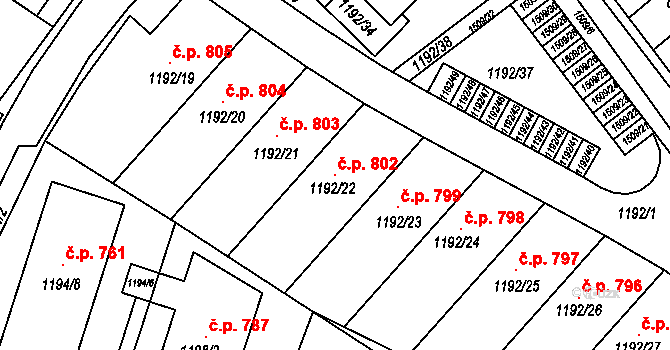 Troubsko 802 na parcele st. 1192/22 v KÚ Troubsko, Katastrální mapa