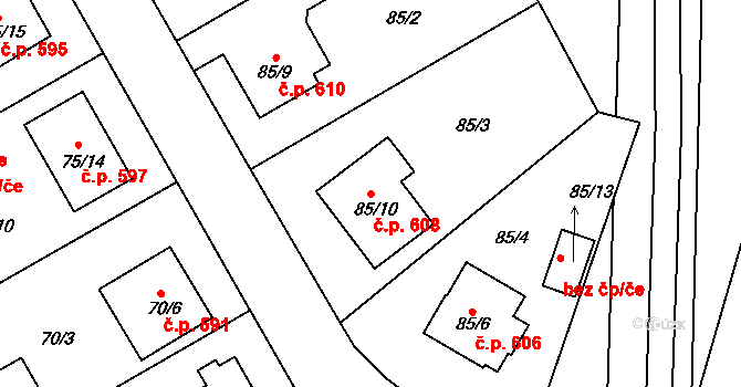 Lyžbice 608, Třinec na parcele st. 85/10 v KÚ Lyžbice, Katastrální mapa