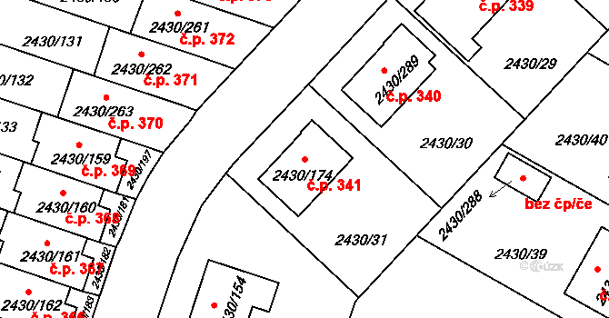 Dačice V 341, Dačice na parcele st. 2430/174 v KÚ Dačice, Katastrální mapa