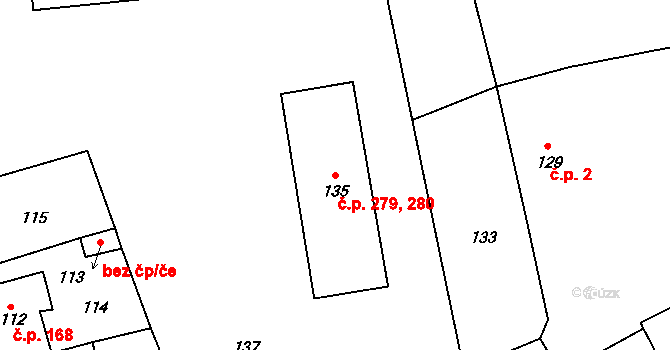 Loděnice 279,280 na parcele st. 135 v KÚ Loděnice u Berouna, Katastrální mapa