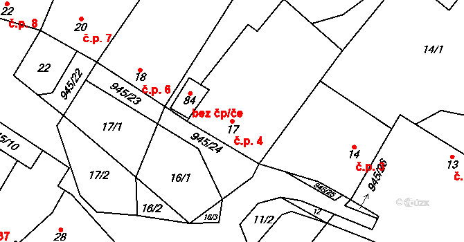 Lhota u Lysic 4 na parcele st. 17 v KÚ Lhota u Lysic, Katastrální mapa