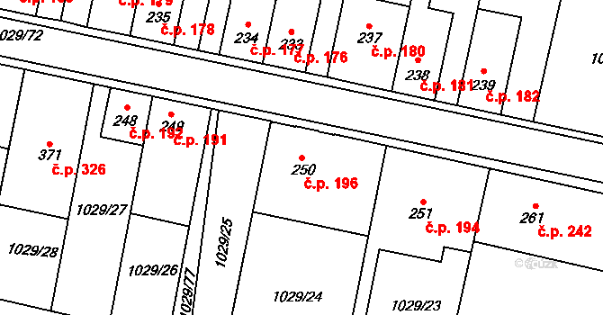 Lomnice 196 na parcele st. 250 v KÚ Lomnice u Tišnova, Katastrální mapa