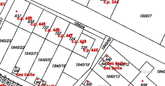 Borovany 445 na parcele st. 725 v KÚ Borovany, Katastrální mapa