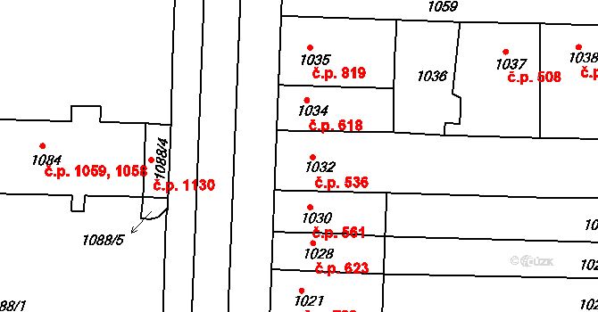 Lovosice 536 na parcele st. 1032 v KÚ Lovosice, Katastrální mapa