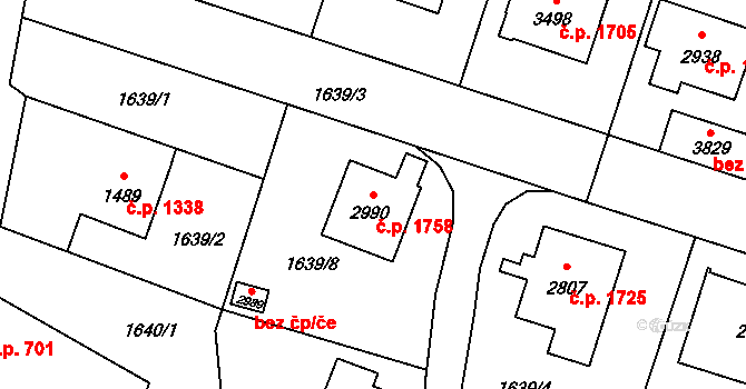 Hořice 1758 na parcele st. 2990 v KÚ Hořice v Podkrkonoší, Katastrální mapa