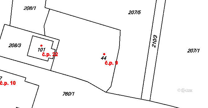 Roseč 9 na parcele st. 44 v KÚ Roseč, Katastrální mapa