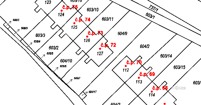 Hejnice 72 na parcele st. 127 v KÚ Hejnice u Žamberka, Katastrální mapa
