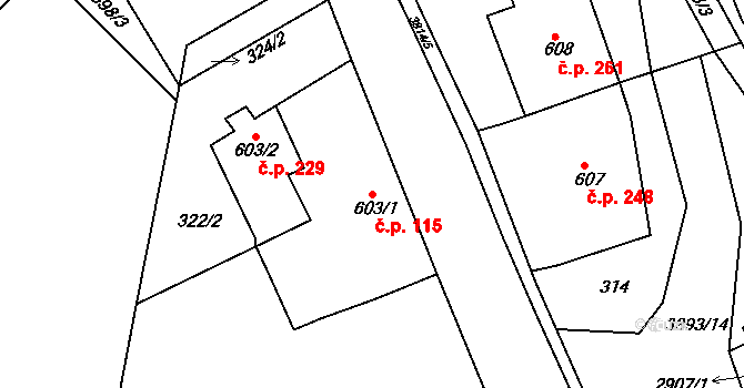 Žichlínské Předměstí 115, Lanškroun na parcele st. 603/1 v KÚ Lanškroun, Katastrální mapa