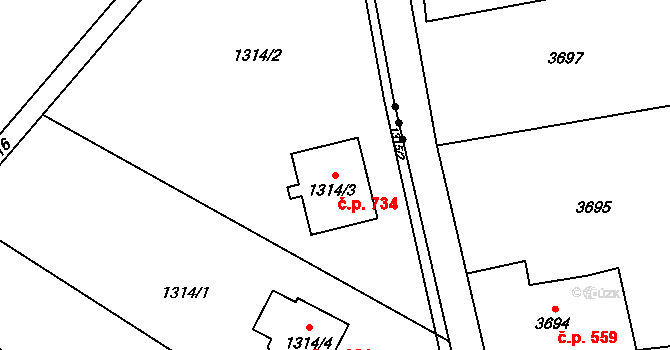 Skřečoň 734, Bohumín na parcele st. 1314/3 v KÚ Skřečoň, Katastrální mapa