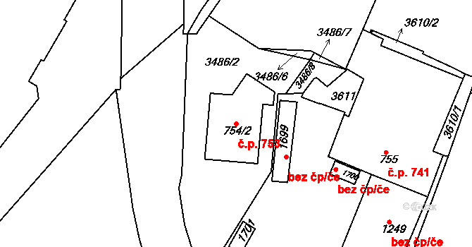 Rosice 753 na parcele st. 754/2 v KÚ Rosice u Brna, Katastrální mapa