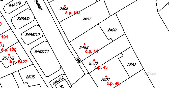 Lobzy 44, Plzeň na parcele st. 2498 v KÚ Plzeň, Katastrální mapa