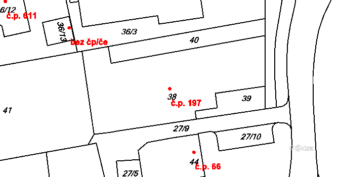 Štípa 197, Zlín na parcele st. 38 v KÚ Štípa, Katastrální mapa