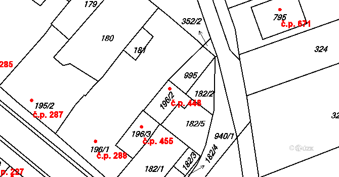 Olšany u Prostějova 448 na parcele st. 196/2 v KÚ Olšany u Prostějova, Katastrální mapa