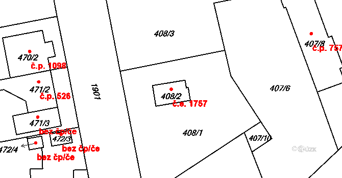 Černice 1757, Plzeň na parcele st. 408/2 v KÚ Bručná, Katastrální mapa