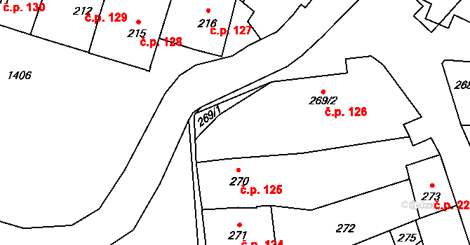 Divišov 126 na parcele st. 269/2 v KÚ Divišov u Benešova, Katastrální mapa