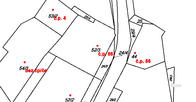 Černá 86 na parcele st. 52/3 v KÚ Černá, Katastrální mapa