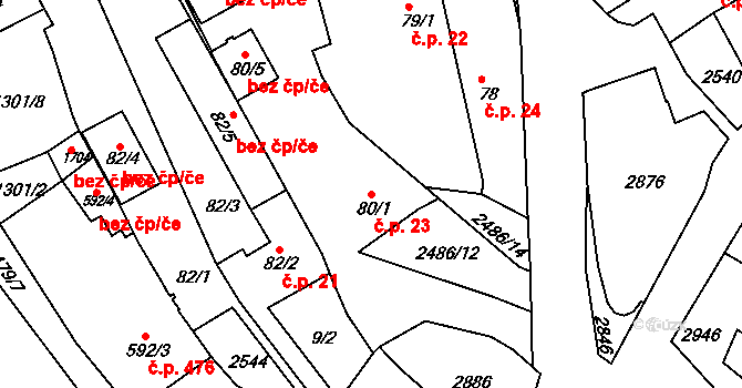Luhačovice 23 na parcele st. 80/1 v KÚ Luhačovice, Katastrální mapa