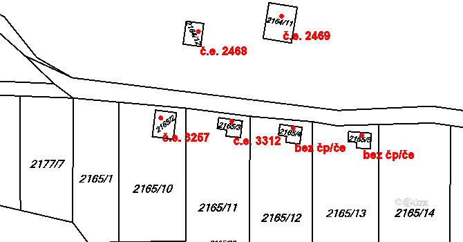 Doubravka 3312, Plzeň na parcele st. 2165/3 v KÚ Doubravka, Katastrální mapa