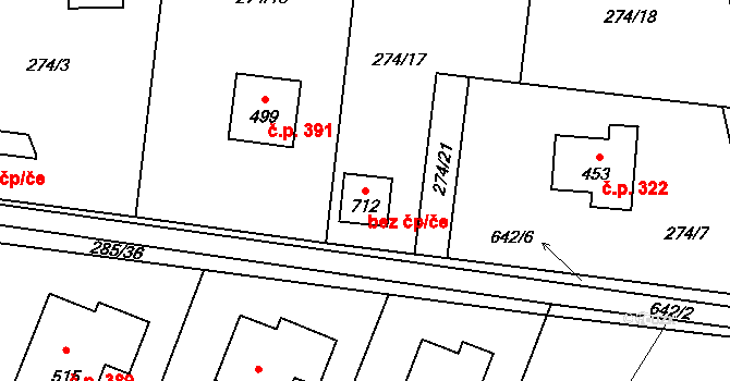 Kamenice 42586305 na parcele st. 712 v KÚ Štiřín, Katastrální mapa