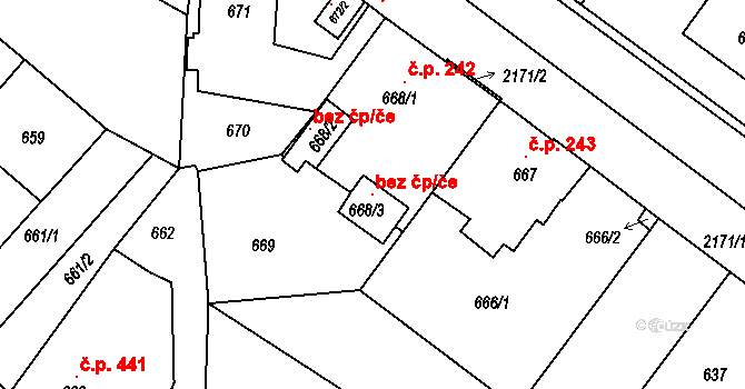 Březnice 44449305 na parcele st. 668/3 v KÚ Březnice, Katastrální mapa