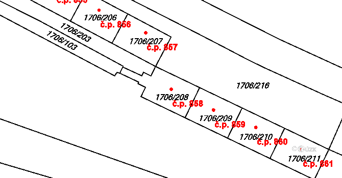 Hlučín 858 na parcele st. 1706/208 v KÚ Hlučín, Katastrální mapa