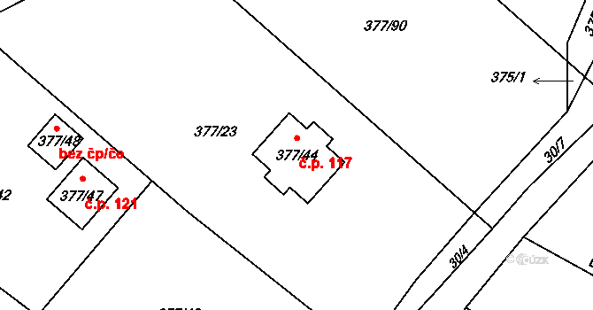 Háje 117 na parcele st. 377/44 v KÚ Háje u Příbramě, Katastrální mapa