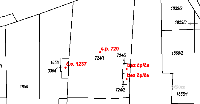 Milevsko 720 na parcele st. 724/1 v KÚ Milevsko, Katastrální mapa