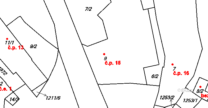 Hodyně 15, Kožlany na parcele st. 9 v KÚ Hodyně u Dřevce, Katastrální mapa