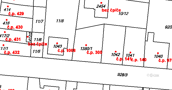 Přelouč 305 na parcele st. 1380/1 v KÚ Přelouč, Katastrální mapa