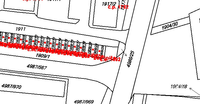 Louny 1492 na parcele st. 1909/29 v KÚ Louny, Katastrální mapa