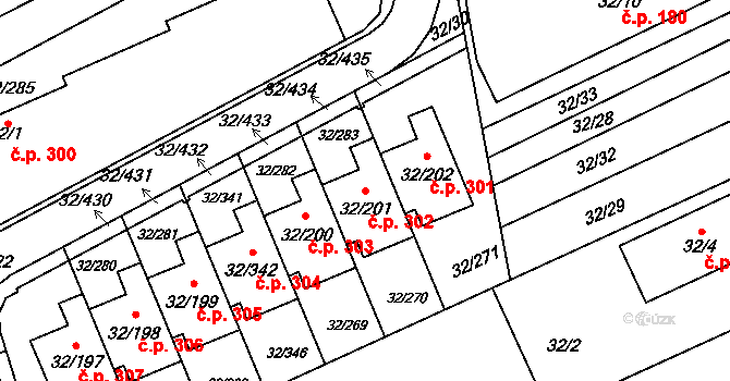 Česká 302 na parcele st. 32/201 v KÚ Česká, Katastrální mapa