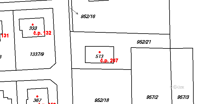 Miřetice 207 na parcele st. 513 v KÚ Miřetice u Nasavrk, Katastrální mapa
