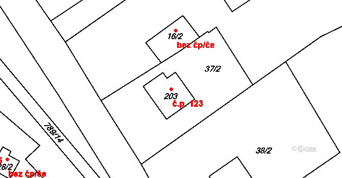 Merklovice 123, Vamberk na parcele st. 203 v KÚ Merklovice, Katastrální mapa