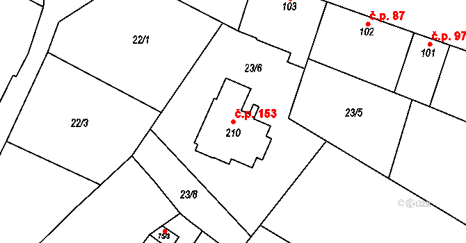 Mašovice 153 na parcele st. 210 v KÚ Mašovice u Znojma, Katastrální mapa