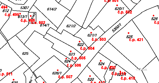Znojmo 504 na parcele st. 622 v KÚ Znojmo-město, Katastrální mapa