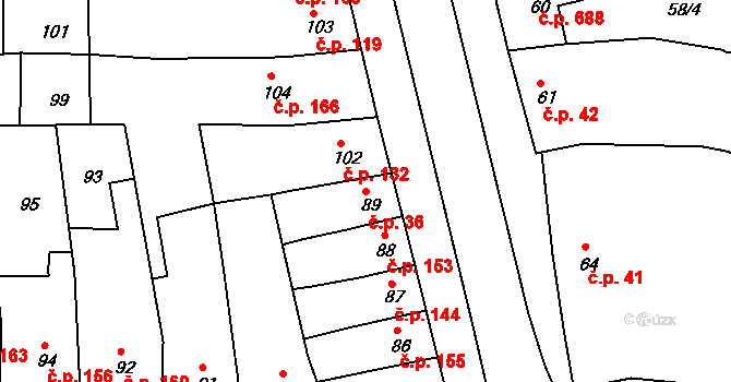 Hrušovany u Brna 36 na parcele st. 89 v KÚ Hrušovany u Brna, Katastrální mapa